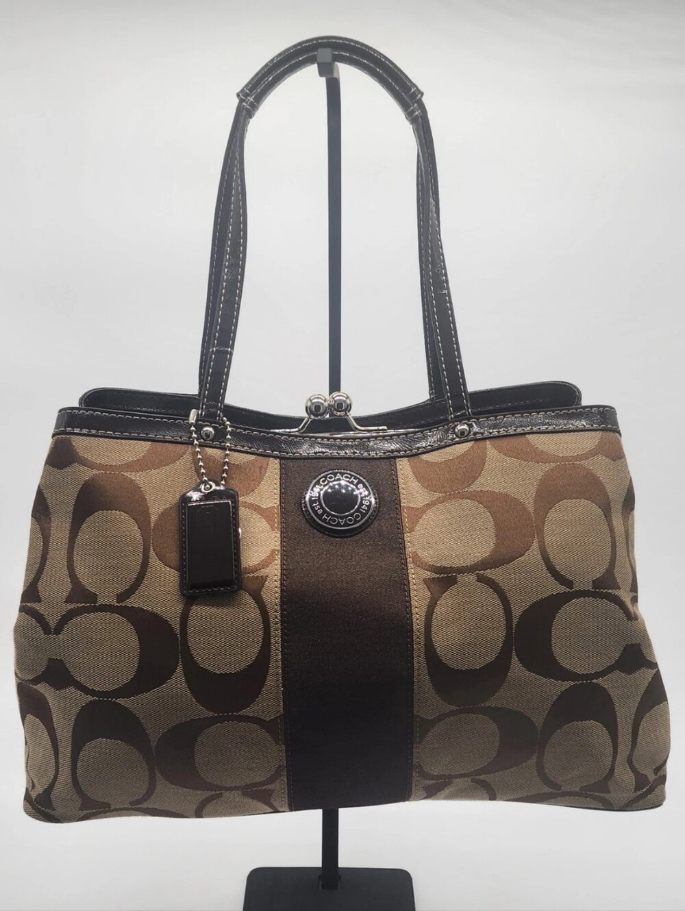 Coach Ashley Signature Kisslock Carryall Tote Brown F19190